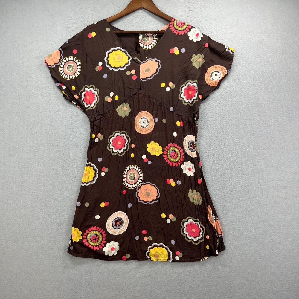 Blue Plate Dress Women Medium Brown Floral V-Neck Short Sleeve Boho Vacation